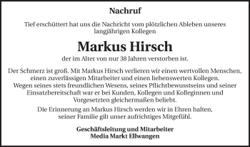 Traueranzeige von Markus Hirsch von Schwäbische Post