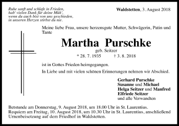Traueranzeige von Martha Purschke von Gmünder Tagespost