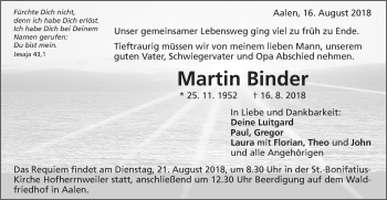 Traueranzeige von Martin Binder von Schwäbische Post