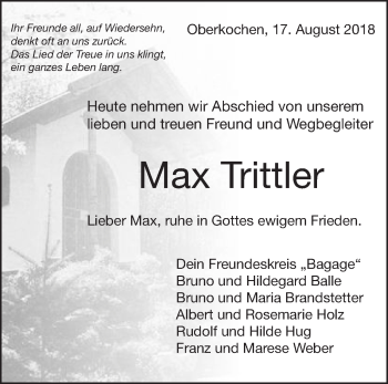 Traueranzeige von Max Trittier von Schwäbische Post