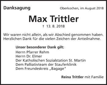 Traueranzeige von Max Trittler von Schwäbische Post