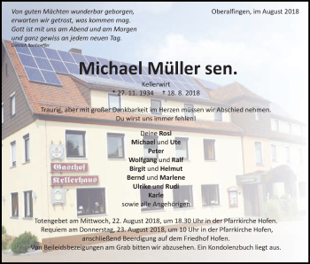Traueranzeige von Michael Müller von Schwäbische Post