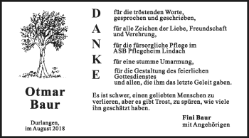 Traueranzeige von Otmar Baur von Gmünder Tagespost