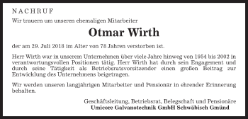 Traueranzeige von Otmar Wirth von Gmünder Tagespost