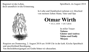 Traueranzeige von Otmar Wirth von Gmünder Tagespost