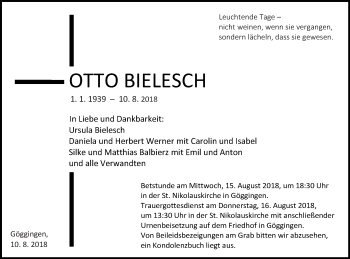 Traueranzeige von Otto Bielesch von Gmünder Tagespost