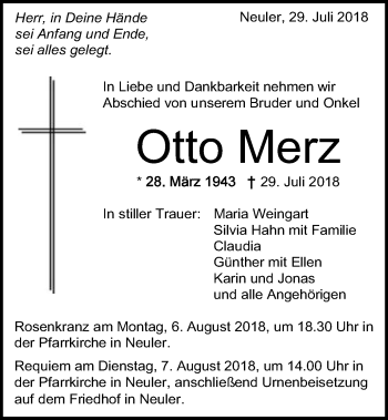 Traueranzeige von Otto Merz von Schwäbische Post