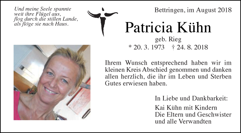  Traueranzeige für Patricia Kühn vom 31.08.2018 aus Gmünder Tagespost