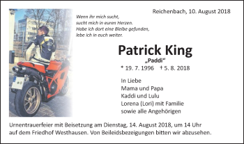 Traueranzeige von Patrick King von Schwäbische Post