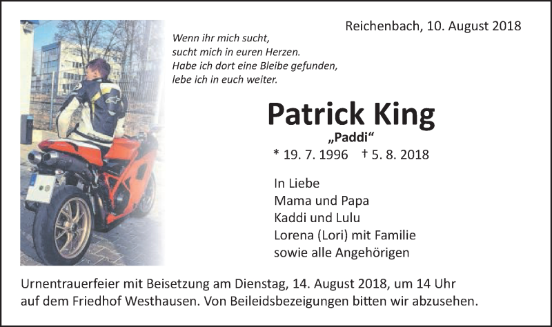  Traueranzeige für Patrick King vom 10.08.2018 aus Schwäbische Post