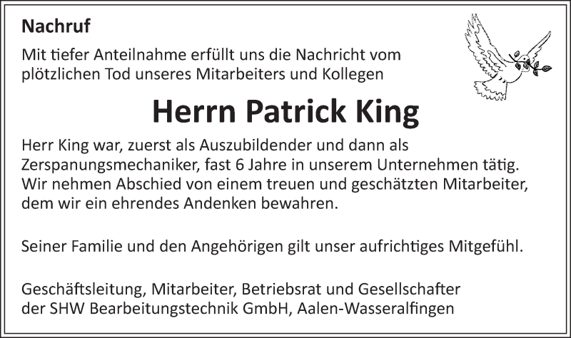  Traueranzeige für Patrick King vom 14.08.2018 aus Schwäbische Post