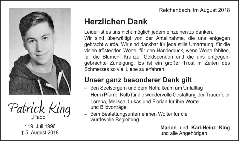  Traueranzeige für Patrick King vom 30.08.2018 aus Schwäbische Post