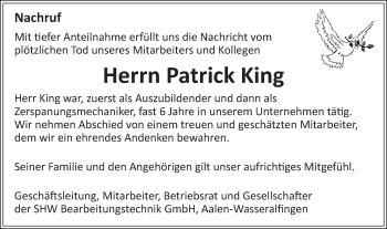 Traueranzeige von Patrick King von Schwäbische Post