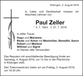 Traueranzeige von Paul Zeller von Schwäbische Post