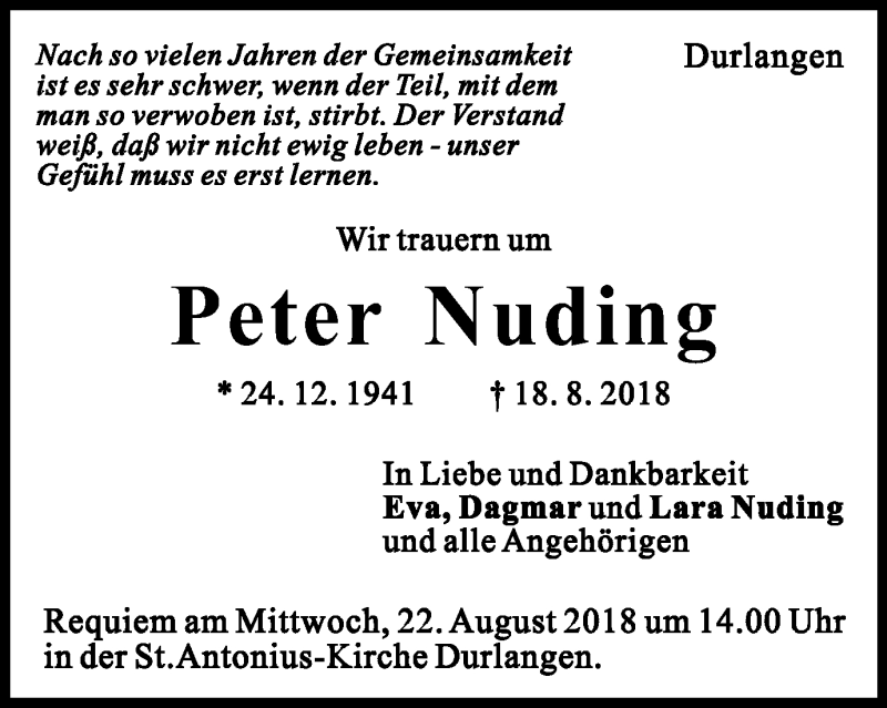  Traueranzeige für Peter Nuding vom 20.08.2018 aus Gmünder Tagespost