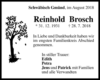 Traueranzeige von Reinhold Brosch  von Gmünder Tagespost