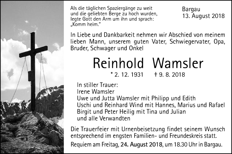  Traueranzeige für Reinhold Wamsler vom 13.08.2018 aus Gmünder Tagespost