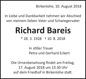 Traueranzeige von Richard Bareis von Gmünder Tagespost