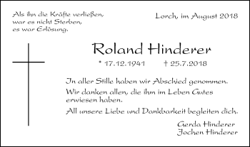 Traueranzeige von Roland Hinderer von Gmünder Tagespost