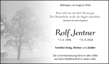 Traueranzeige von Rolf Jentner von Gmünder Tagespost