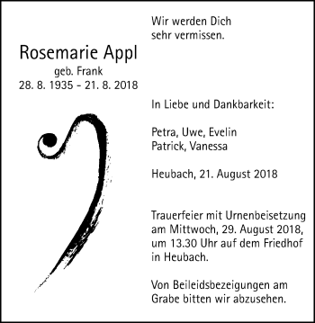 Traueranzeige von Rosemarie Appl von Gmünder Tagespost