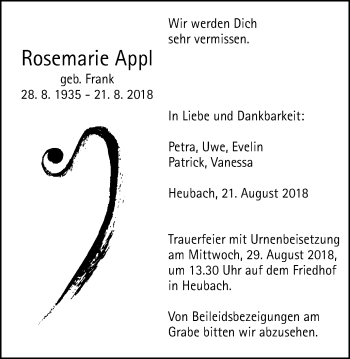 Traueranzeige von Rosemarie Appl