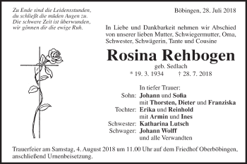 Traueranzeige von Rosina Rehbogen von Gmünder Tagespost