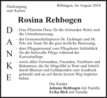 Traueranzeige von Rosina Rehbogen von Gmünder Tagespost
