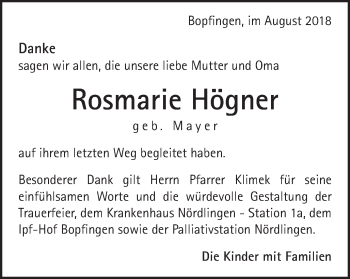 Traueranzeige von Rosmarie Högner von Bopfinger Stadtanzeiger