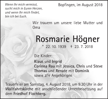 Traueranzeige von Rosmarie Högner von Schwäbische Post
