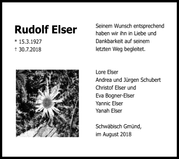 Traueranzeige von Rudolf Elser von Gmünder Tagespost