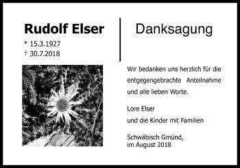 Traueranzeige von Rudolf Elser von Gmünder Tagespost