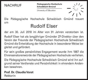 Traueranzeige von Rudolf Elser von Gmünder Tagespost