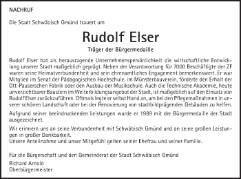 Traueranzeige von Rudolf Elser von Gmünder Tagespost
