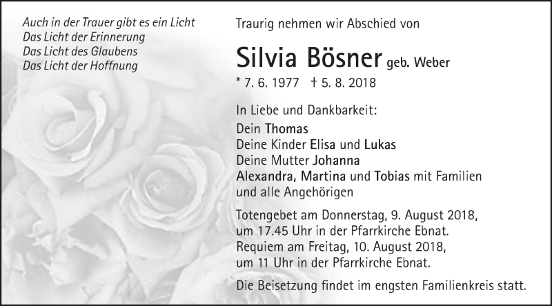  Traueranzeige für Silvia Bösner vom 08.08.2018 aus Schwäbische Post