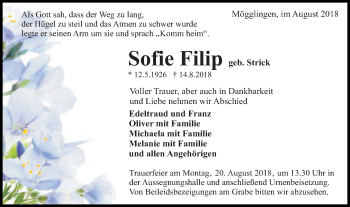 Traueranzeige von Sofie Filip von Gmünder Tagespost
