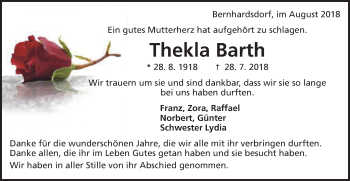 Traueranzeige von Thekla Barth von Schwäbische Post