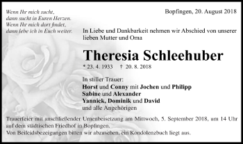 Traueranzeige von Theresia Schleehuber von Schwäbische Post