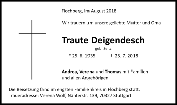 Traueranzeige von Traute Deigendesch von Schwäbische Post