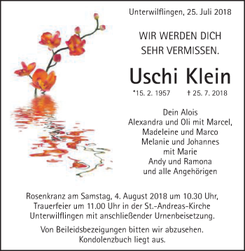 Traueranzeige von Uschi Klein von Schwäbische Post