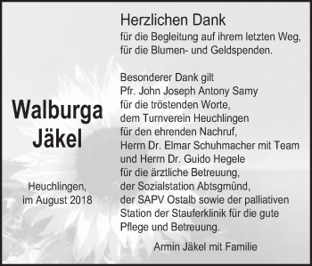 Traueranzeige von Walburga Jäkel von Gmünder Tagespost