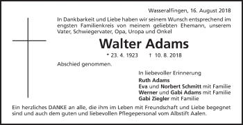Traueranzeige von Walter Adams von Schwäbische Post