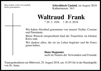 Traueranzeige von Waltraud Frank  von Gmünder Tagespost