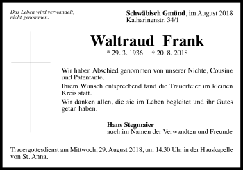 Traueranzeige von Waltraud Frank 