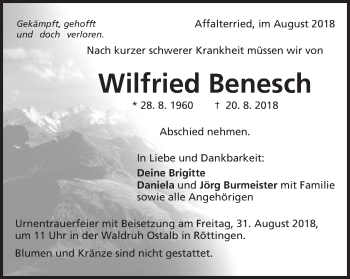 Traueranzeige von Wilfried Benesch von Schwäbische Post