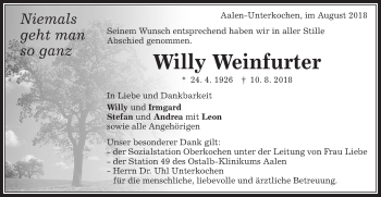 Traueranzeige von Willy Weinfurter von Schwäbische Post