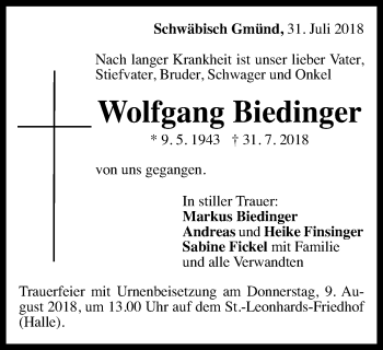 Traueranzeige von Wolfgang Biedinger von Gmünder Tagespost