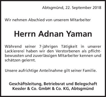 Traueranzeige von Adnan Yaman von Gmünder Tagespost