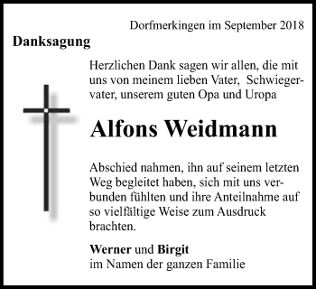 Traueranzeige von Alfons Weidmann von Schwäbische Post