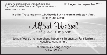 Traueranzeige von Alfred Weisel von Schwäbische Post